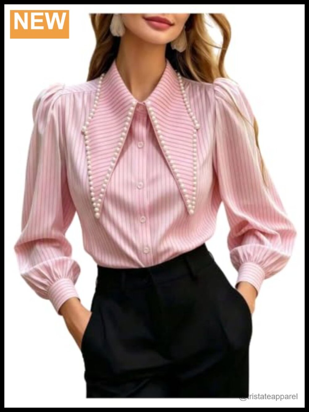Satin Striped Button Up Blouse Pearl Pointed Collar Work Top